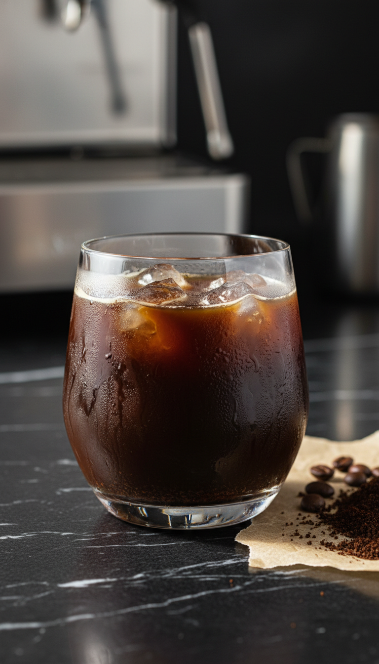 Your Essential Dunkin Hazelnut Iced Coffee Order Guide 15 Extra-strong hazelnut iced coffee, dark with condensation on black marble, blurred steel equipment background.