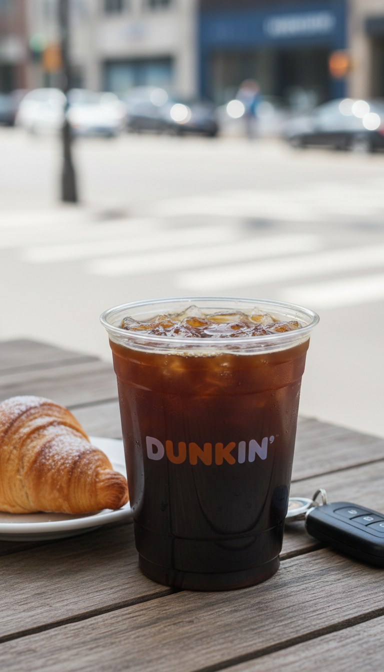 Dunkin Iced Coffee Espresso: Master Your Custom Order 9 Extra strong iced coffee with espresso in a Dunkin' cup on a rustic table with a pastry and keys, busy street background.