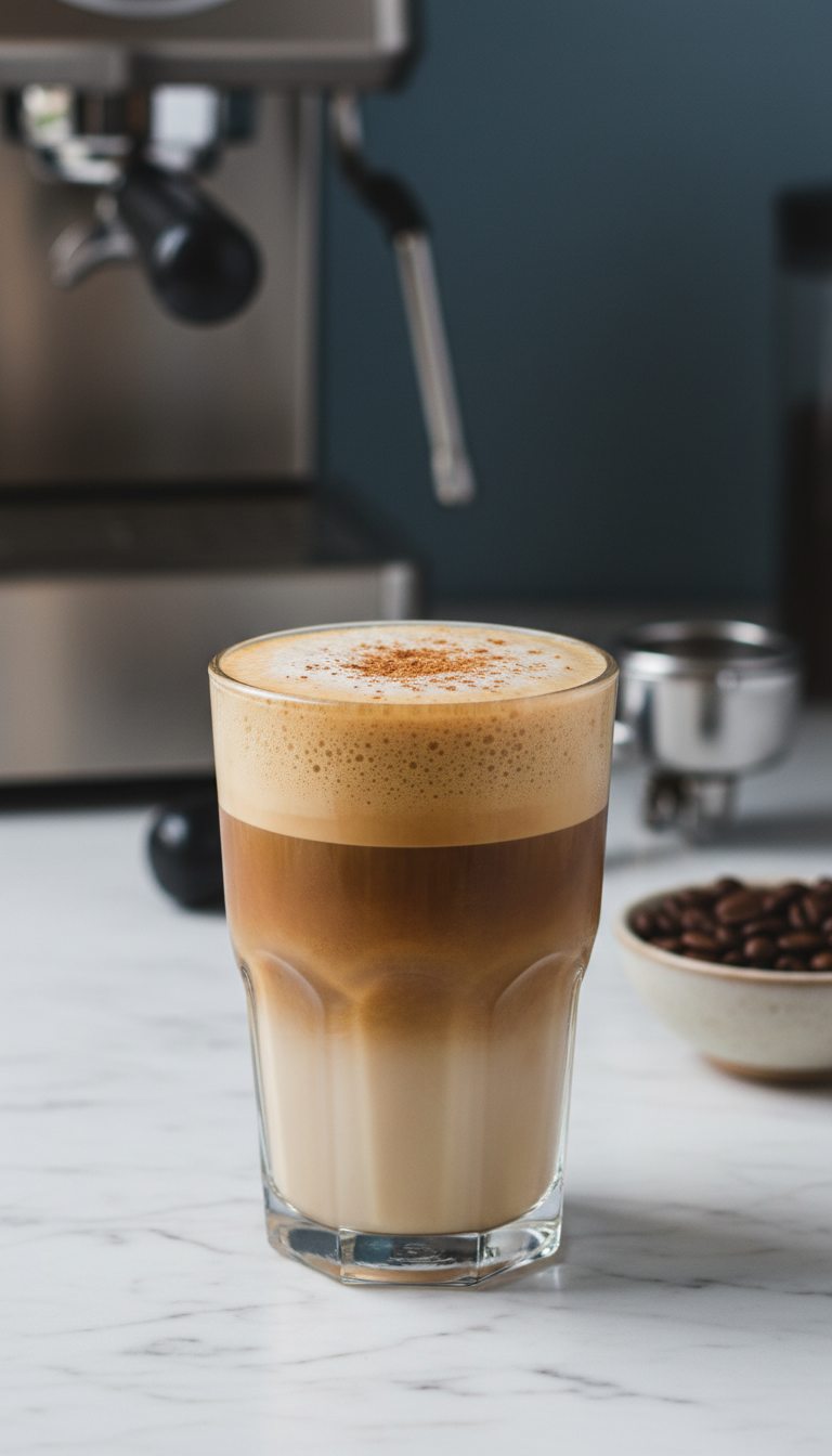 Eye-level close-up of Pumpkin Shaken Espresso, layered with oat milk, on marble, blurred coffee equipment. Elegant autumn espresso.