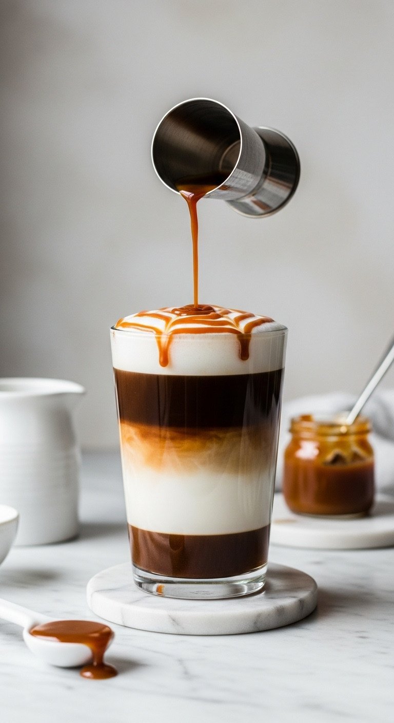 9 Genius Coffee Recipes To Master Lattes And Save Money 13 Eye-level close-up of a beautiful layered caramel macchiato with distinct caramel, milk, and espresso layers.