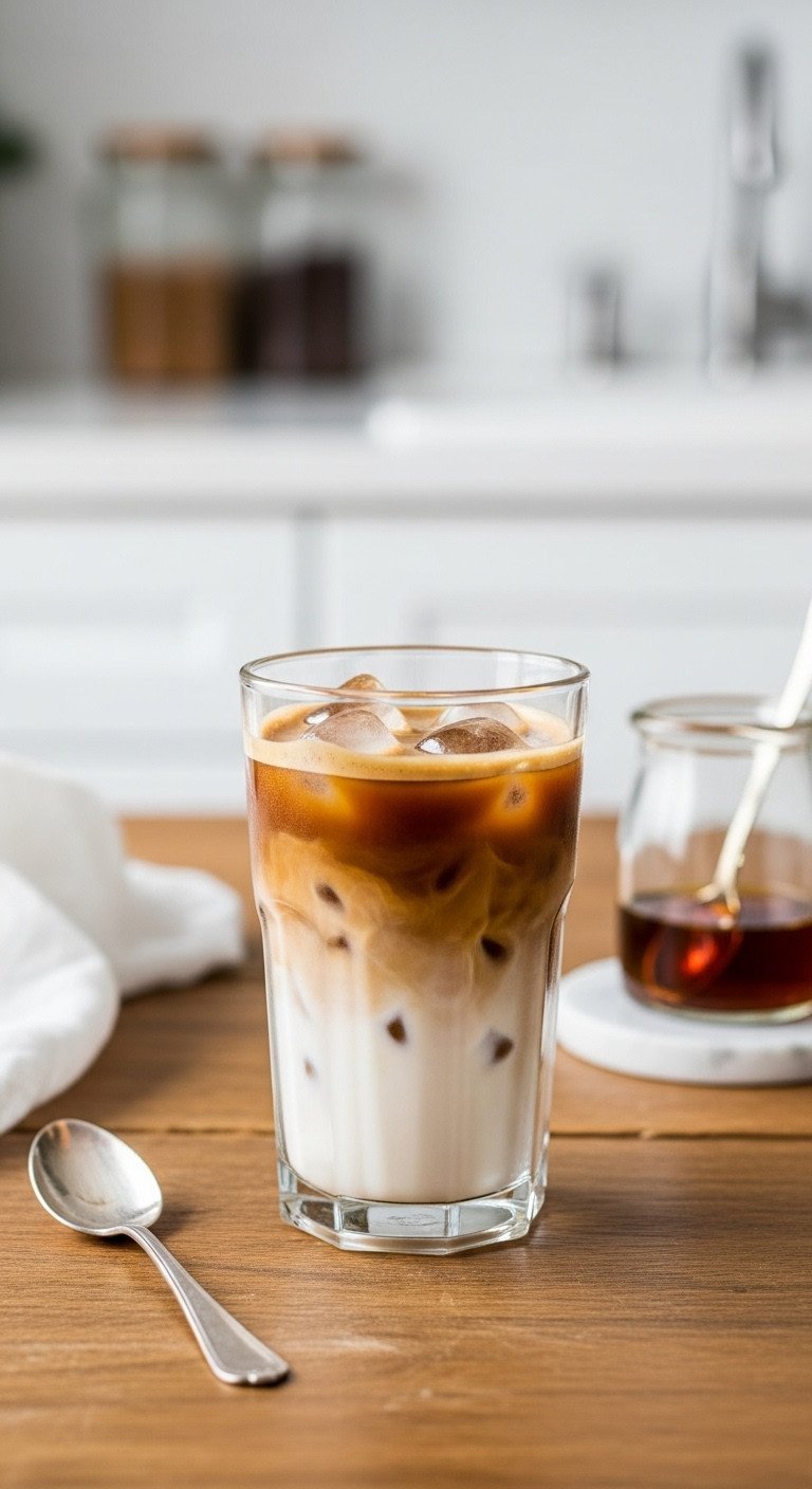 9 Genius Coffee Recipes To Master Lattes And Save Money 3 Eye-level close-up of a layered vanilla iced latte with espresso and foam on a rustic wooden table, with simple syrup.