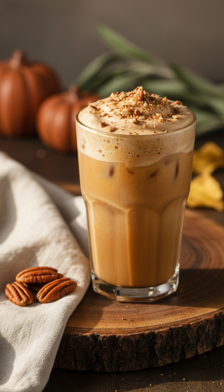 Eye-level close-up of butter pecan cold foam iced coffee, sprinkled with pecans on dark wood slab, fall decor.
