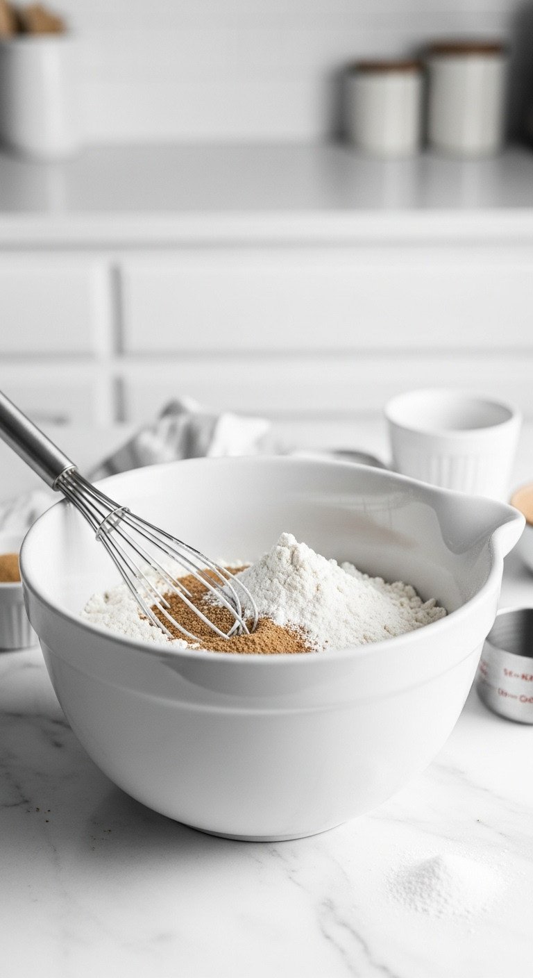 Eye-level close-up of sifted dry ingredients in a white ceramic bowl with a wire whisk on a clean marble countertop.