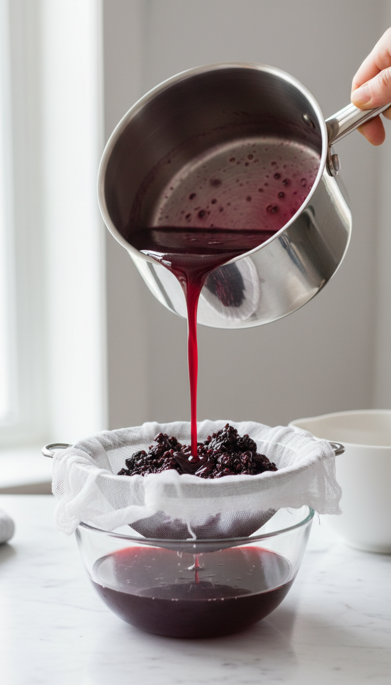 Homemade Blackberry Coffee Syrup: Easy & Delicious Recipe 5 Eye-level close-up of vibrant blackberry syrup pouring through a fine mesh strainer with cheesecloth into a glass bowl. Smooth homemade syrup.