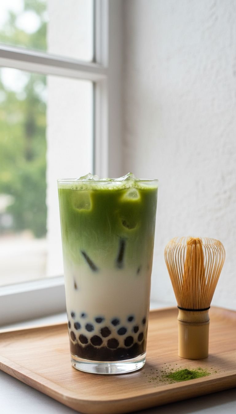 Eye-level shot of vivid green Matcha Latte Protein Boba over ice in glass, on a wood tray, blurred white wall background.