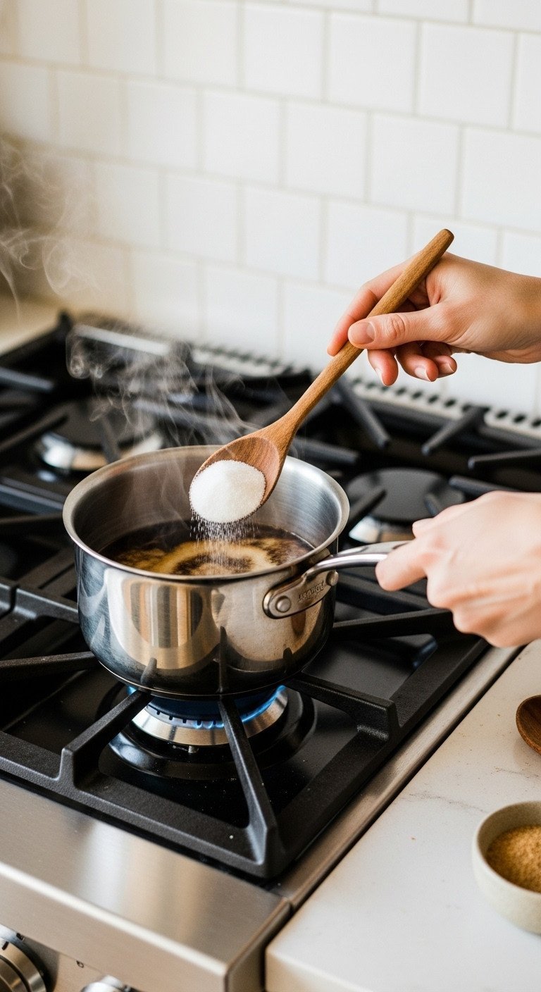 Eye-level view of sugar being stirred with a wooden spoon into hot, dark coffee in a stainless steel saucepan on a stovetop.