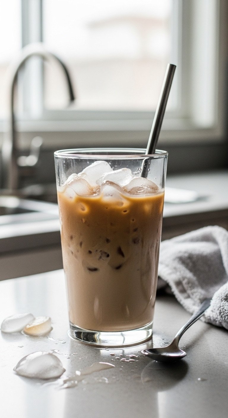 Mocha Frappe Copycat Guide For Perfect Creamy Texture 13 Failed, watery frappe with separated liquid and chunky ice in a glass on a damp counter, spoon nearby.