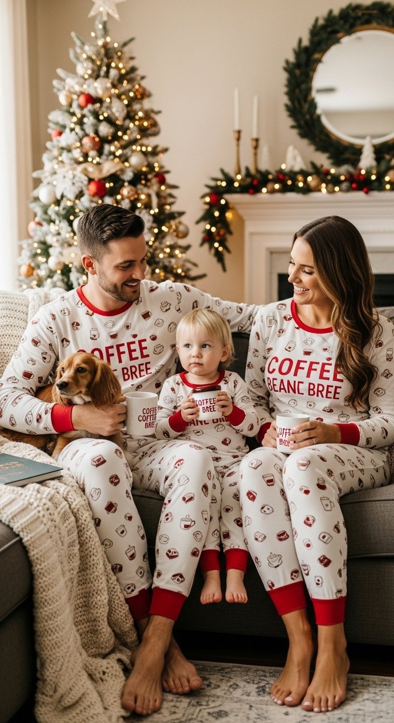 Family (adults, child, dog) in cozy Christmas coffee pajamas on sofa. Festive holiday home scene with tree & mugs.