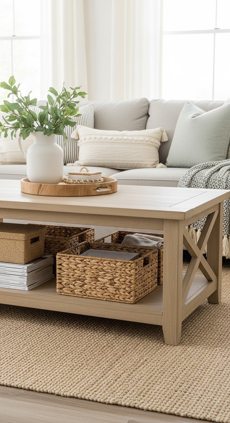 Family-friendly farmhouse living room, natural wood coffee table with lower display shelf, styled with woven storage baskets.