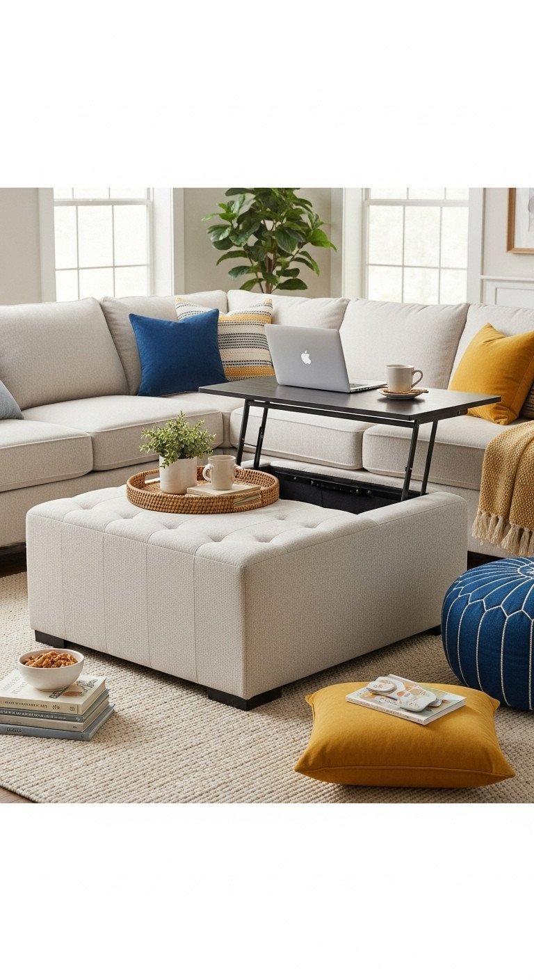 Family-friendly living room with tufted ottoman coffee table and lift-top functionality, durable and safe for kids.