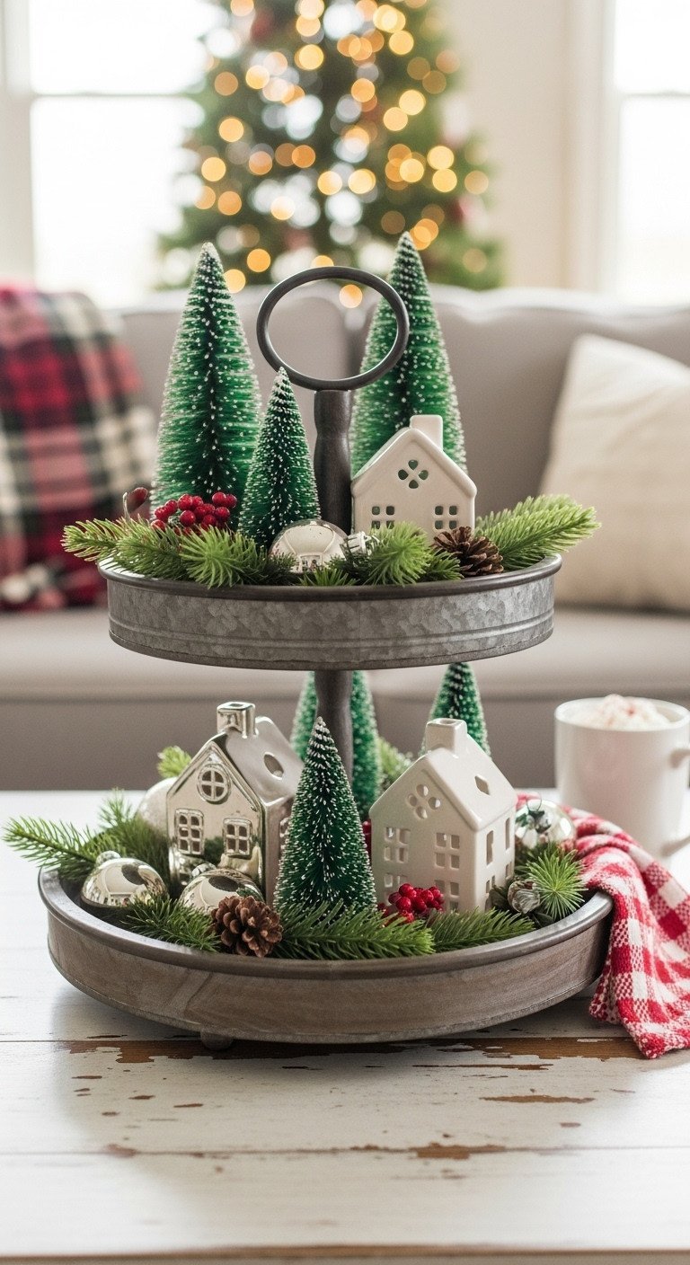 Farmhouse Christmas tiered tray with mini bottle brush trees, ceramic houses, mercury glass ornaments on a rustic wood table. Cozy holiday decor.