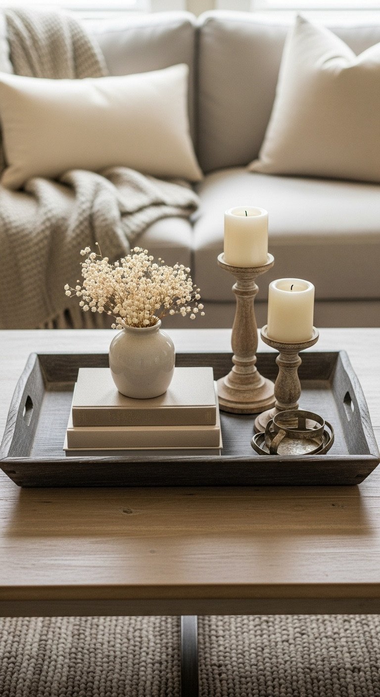 Farmhouse coffee table decor: dark wood tray, vintage books, cream dried florals, rustic white pillar candles. Cozy living room.