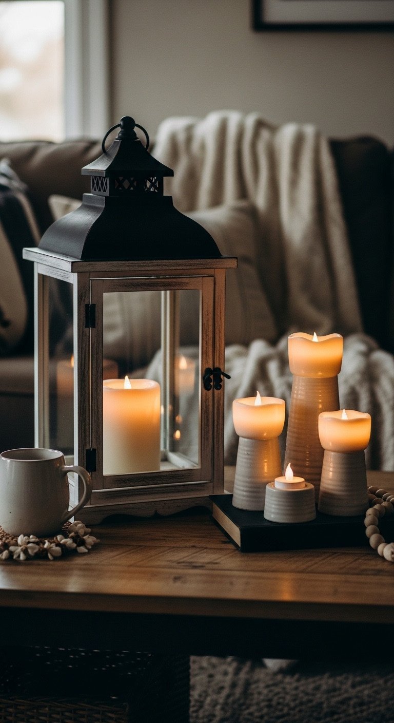 Farmhouse coffee table: metal lantern, candle, ceramic holders. Cozy evening light, reclaimed wood.