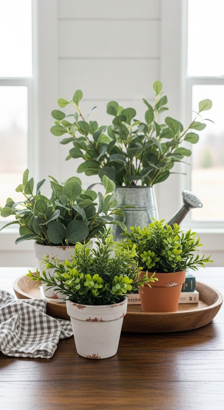 Farmhouse coffee table: three distressed ceramic pots with artificial greenery. Dark wood table, fresh natural decor.