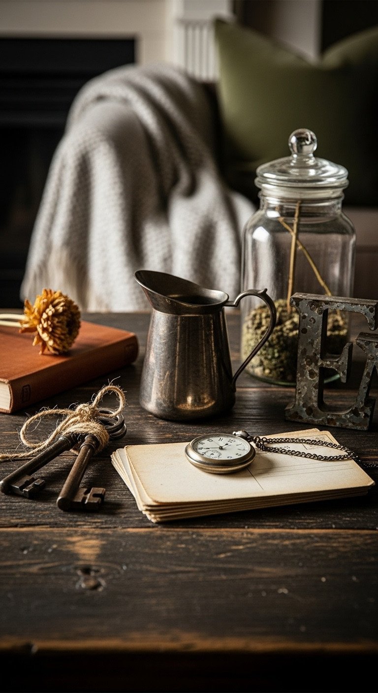 Farmhouse coffee table: vintage keys, silver pitcher, pocket watch, postcards, metal letter. Dark reclaimed wood.