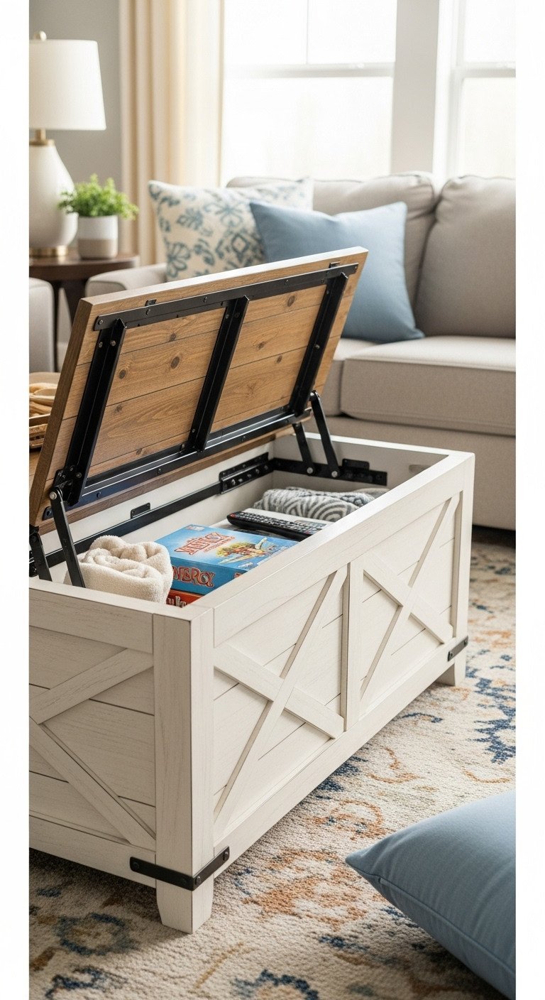 Farmhouse coffee table with lift-top hidden storage open, revealing games. Cozy living room, warm creams, golden browns, soft blues.