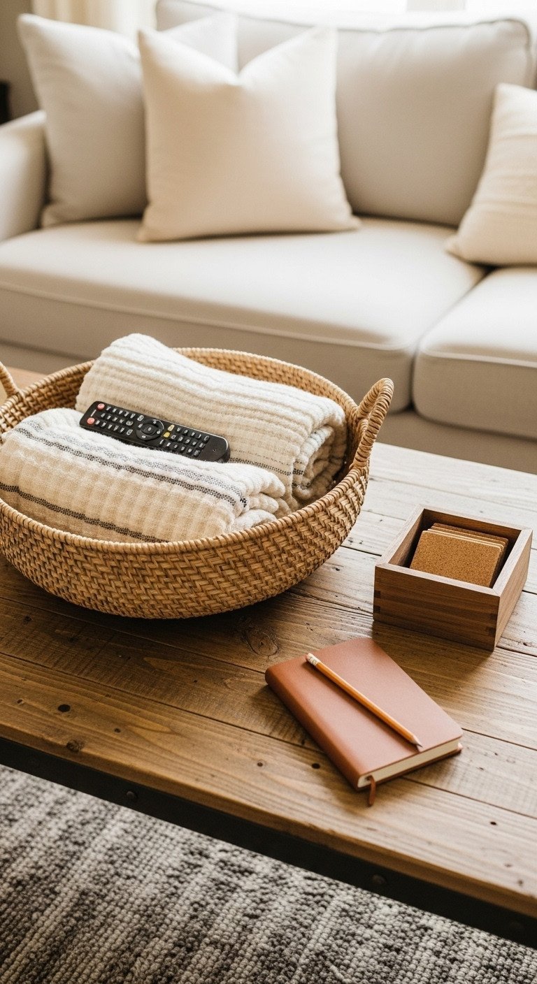 Farmhouse coffee table: woven basket for blankets & remotes. Rustic wood box, coasters. Cozy living room decor.