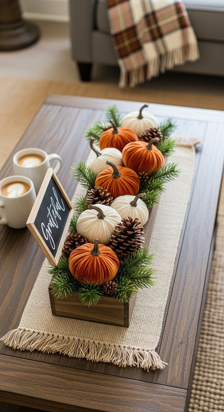 Farmhouse fall decor: box with pumpkins, pinecones, chalkboard sign. Dark wood. Autumn.