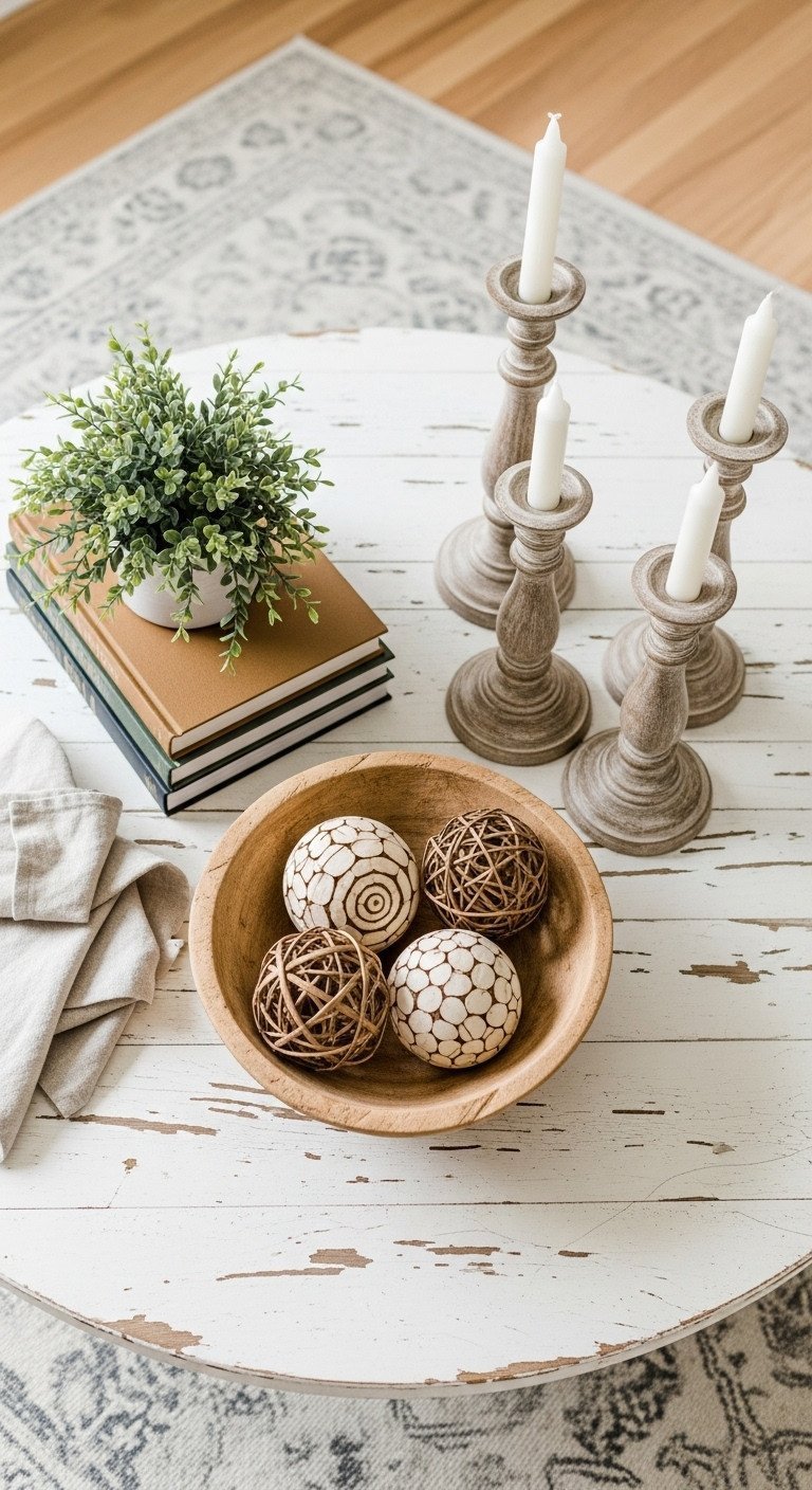 Farmhouse round coffee table: distressed white. Books, plant, dough bowl, candle holders. Cozy home decor.