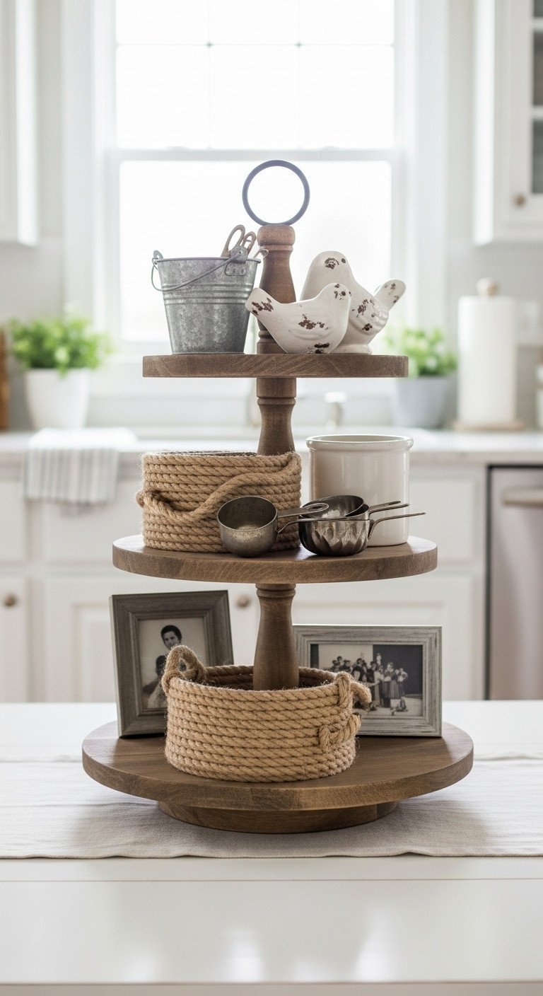 Farmhouse tiered wood stand: bucket, bird, rope basket, vintage photos. Shiplap coffee table, bright kitchen decor.