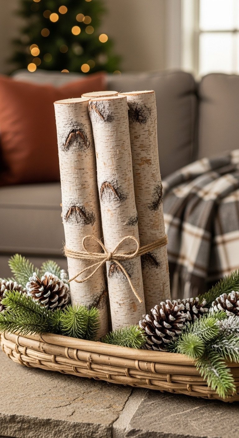 Faux birch logs with jute twine, sugar pinecones, and evergreen in a basket on stone. Cozy winter home decor accent.