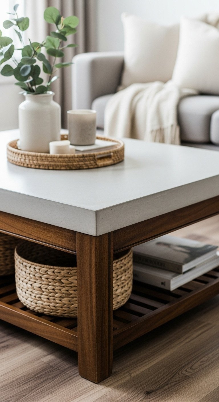 Faux concrete coffee table, light gray overlay on dark wood, styled with woven baskets and a linen blanket.