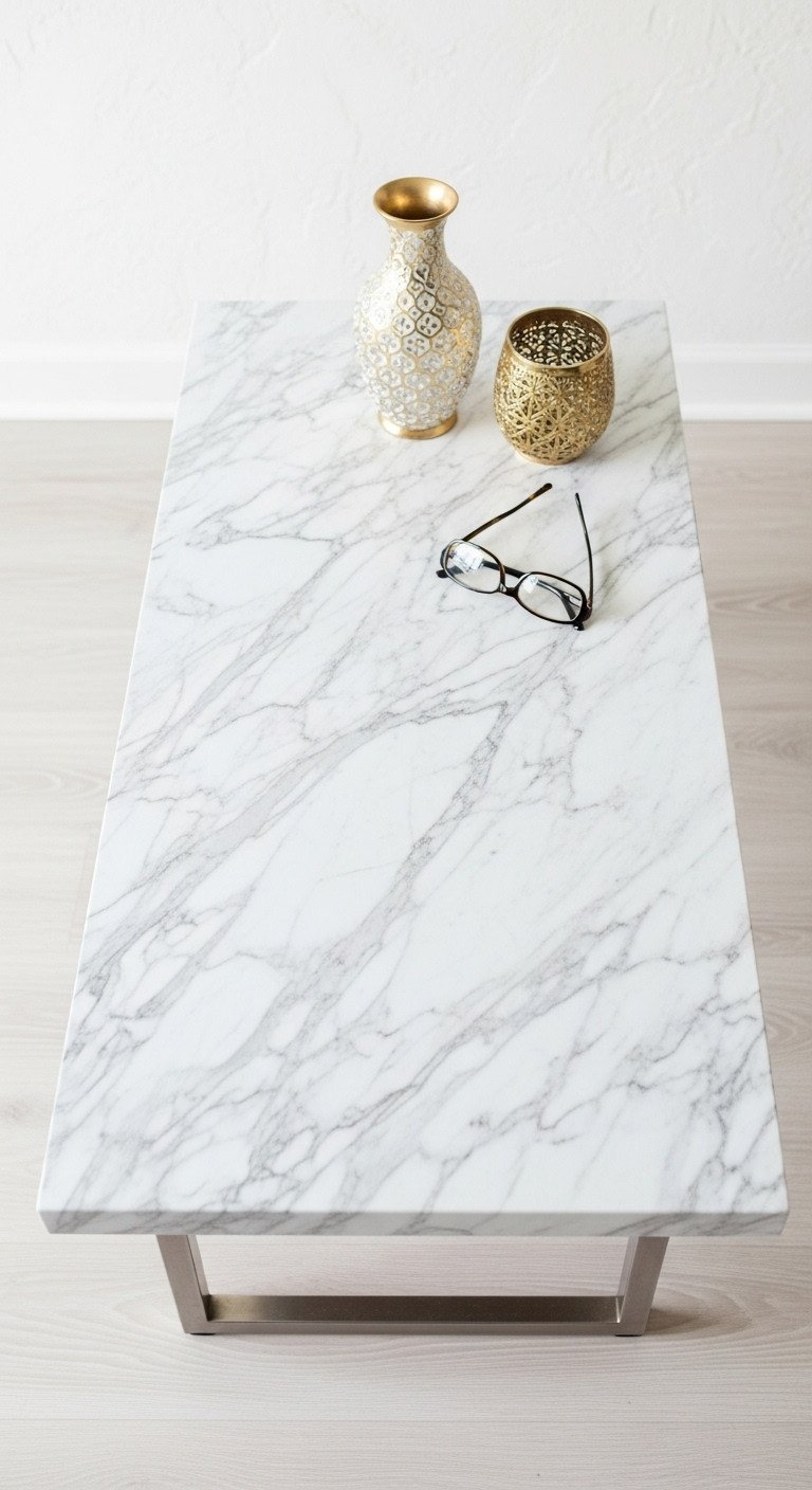 Faux marble contact paper coffee table, glossy top, metallic base. Elegant DIY furniture, with gold vase.