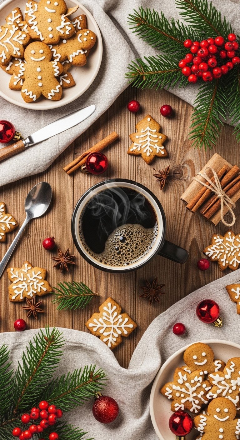 Festive Christmas coffee flat lay with steaming mug, frosted gingerbread cookies, pine sprigs, red ornaments on rustic wood.