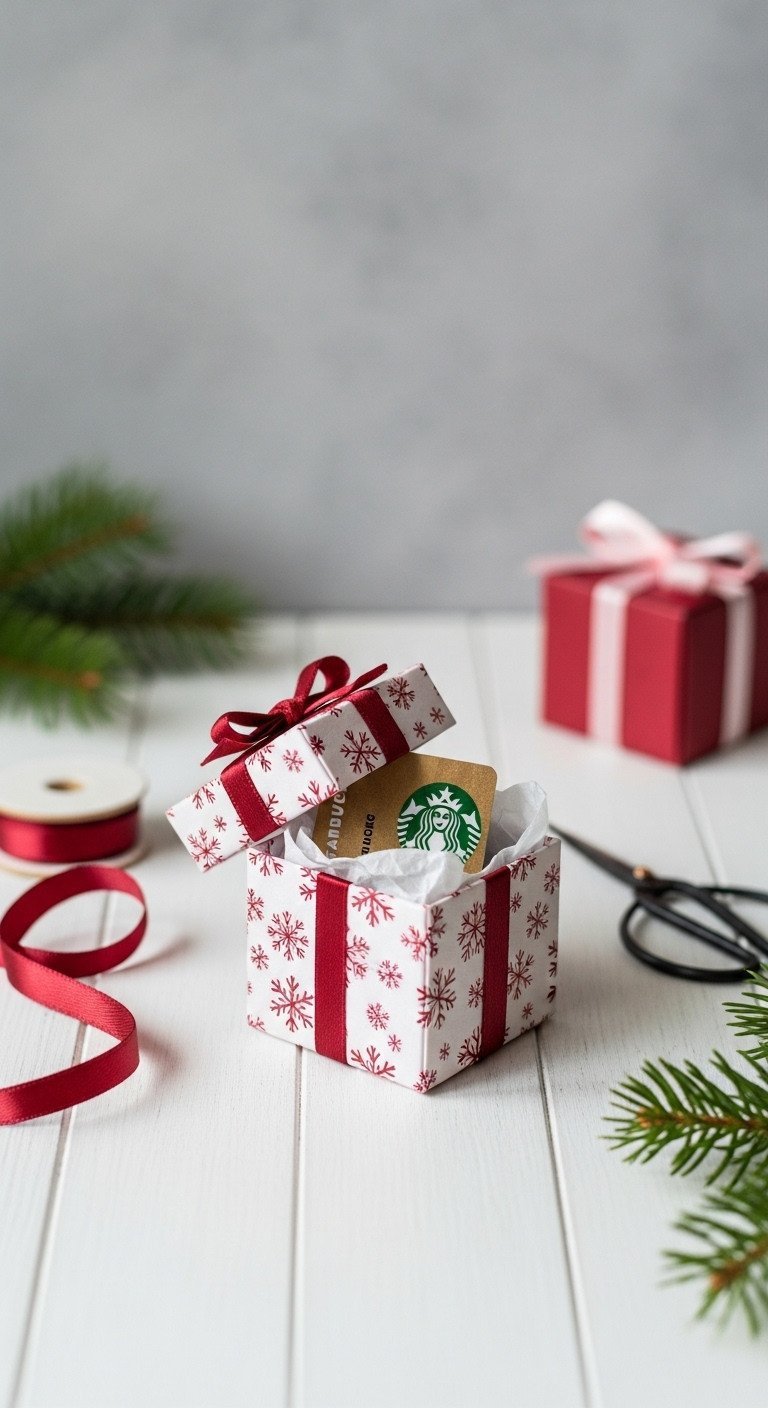 Festive Christmas present gift box with ribbon bow, open to reveal a Starbucks gift card inside tissue paper.