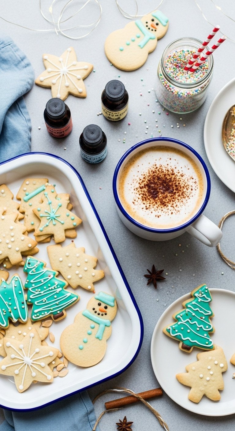 Festive Christmas sugar cookies, iced in star and tree shapes, beside steaming coffee on a white tray with holiday lights.