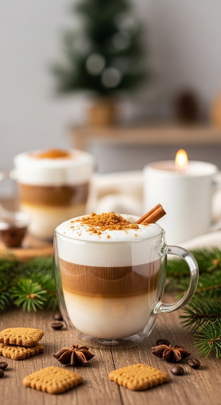7 Easy Christmas Coffee Party Ideas for a Stress-Free Holiday 1 Festive Gingersnap Latte in clear glass, topped with foam, crushed cookies, cinnamon stick on rustic wood table. Christmas coffee party drink.