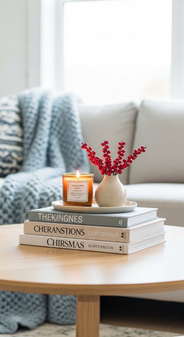 Festive coffee table decor: stacked books, decorative tray with holiday candle, vibrant red berries, and knitted throw.