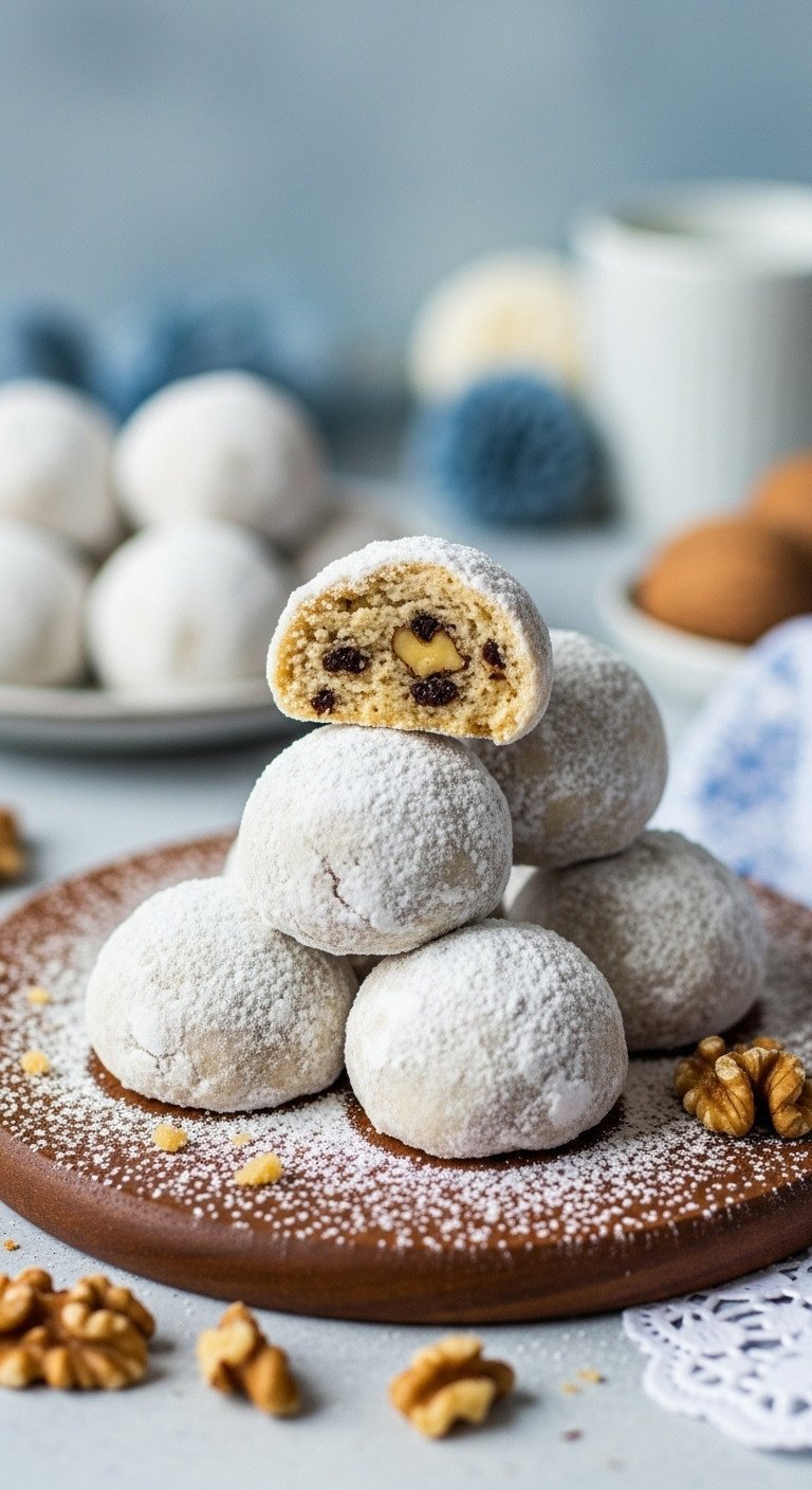Festive coffee walnut snowball cookies, powdered sugar dusted, stacked on a dark wooden board with winter decor accents.