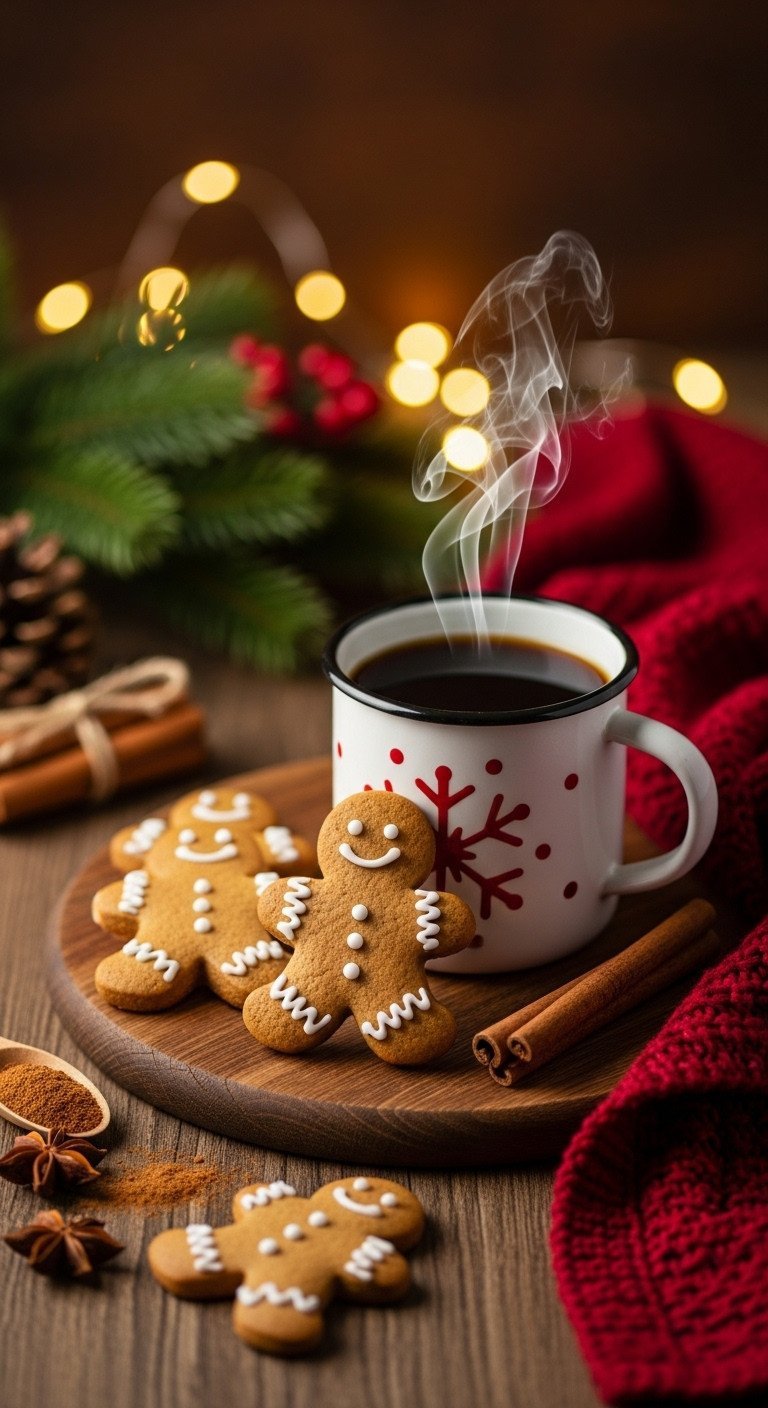 Festive gingerbread men cookies with white icing, a steaming mug of dark coffee on a rustic wood table with Christmas decor.