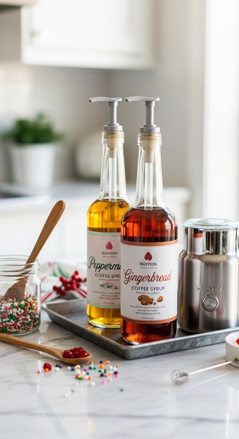 Festive holiday coffee syrups: glass bottles with pumps, stylized labels on a tray, milk frother on marble counter.