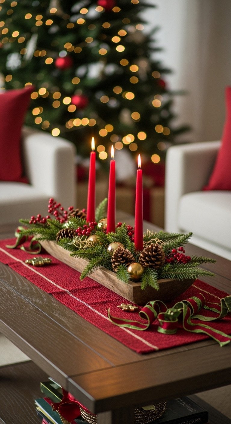 Festive holiday coffee table decor: wood table with trough, greenery, gold ornaments, pine cones, and three red tapered candles.