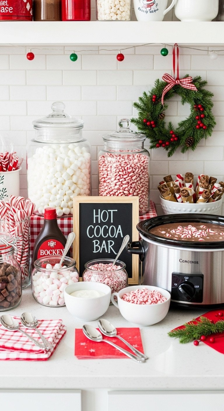 Festive hot cocoa bar: apothecary jars with marshmallows, peppermint, chocolate syrup, slow cooker, holiday wreath.