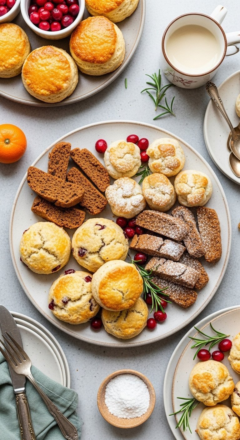 7 Easy Christmas Coffee Party Ideas for a Stress-Free Holiday 7 Festive make-ahead treats: cranberry orange scones, gingerbread biscotti, cheese puffs on vintage ceramic plate. Rustic holiday snacks.