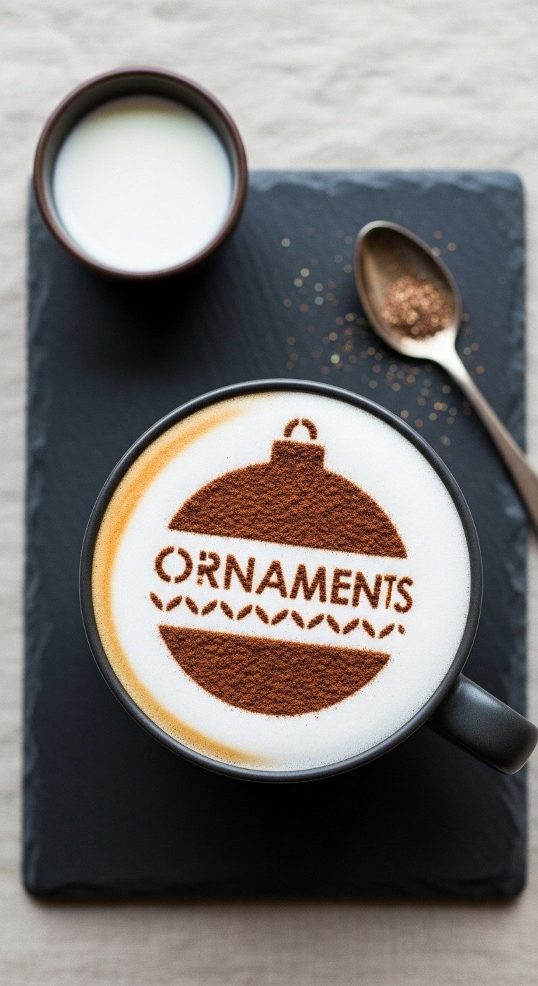 Festive ornament stencil design on coffee foam with cocoa powder in a dark mug, slate stone, silver spoon.