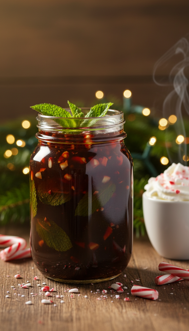 Homemade Mocha Syrup for Rich Iced Coffee Drinks 11 Festive peppermint mocha syrup in a jar with mint leaves, candy canes, hot coffee, fir branches, and fairy lights.