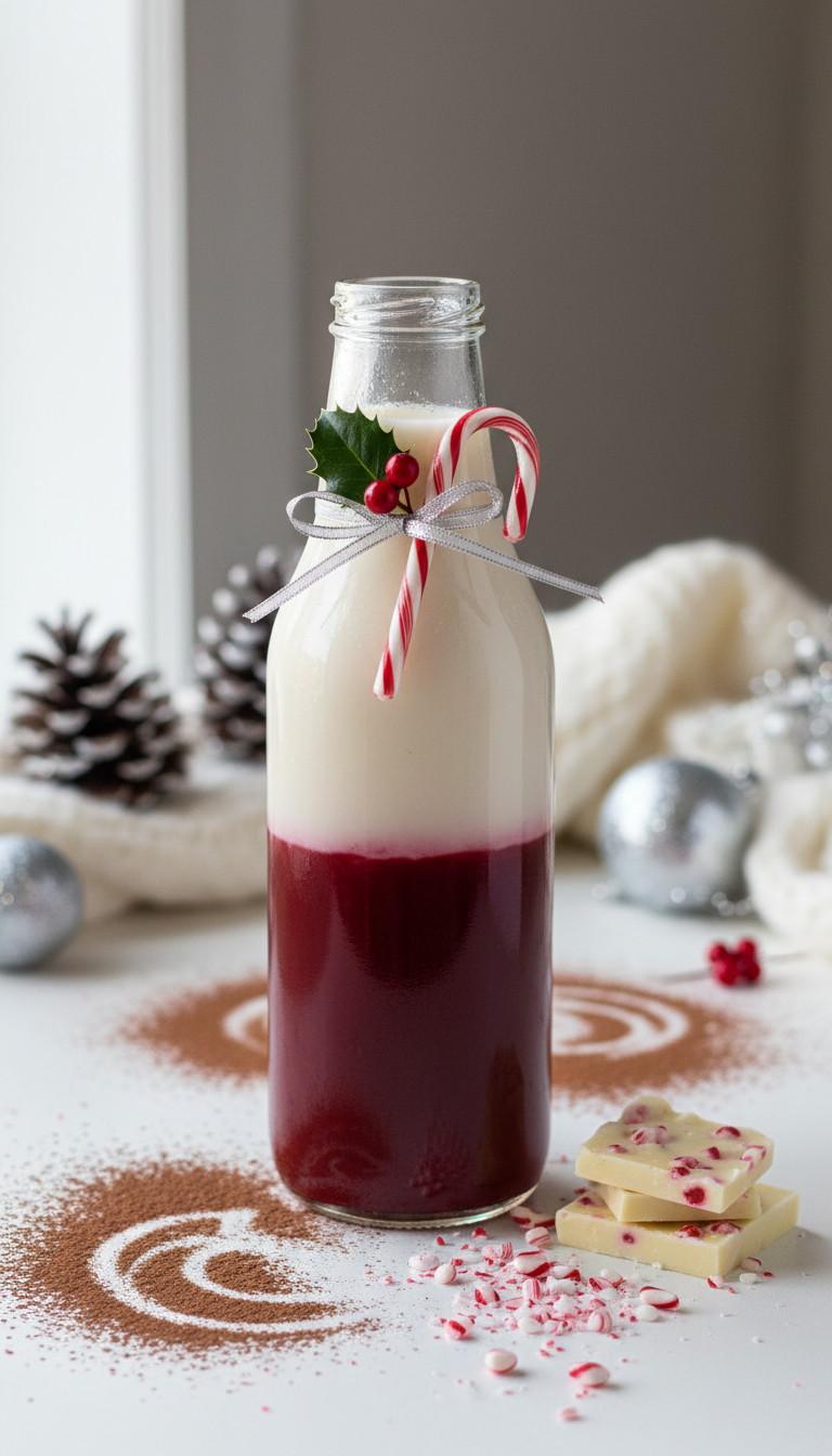 Homemade Coffee Syrup Gifts Easy Recipes & Ideas 17 Festive red and white layered peppermint mocha coffee syrup bottle with a candy cane, surrounded by winter decor.