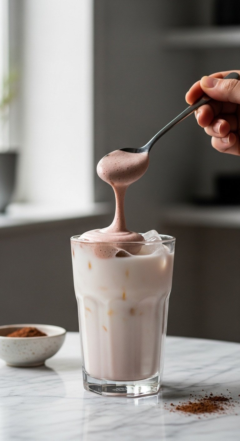 The Perfect Dalgona Coffee Recipe For Fluffy Whipped Coffee 14 Final step of making Dalgona coffee: spooning a fluffy dollop of whipped coffee foam onto a glass of cold iced milk.