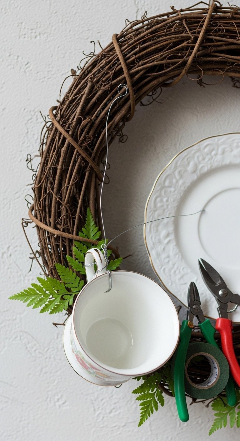 Teacup Wreath Tutorial for Permanent Vintage China Decor 7 Fine crafting wire secures a teacup handle to a grapevine wreath base, showing structural assembly for DIY china wreath projects.