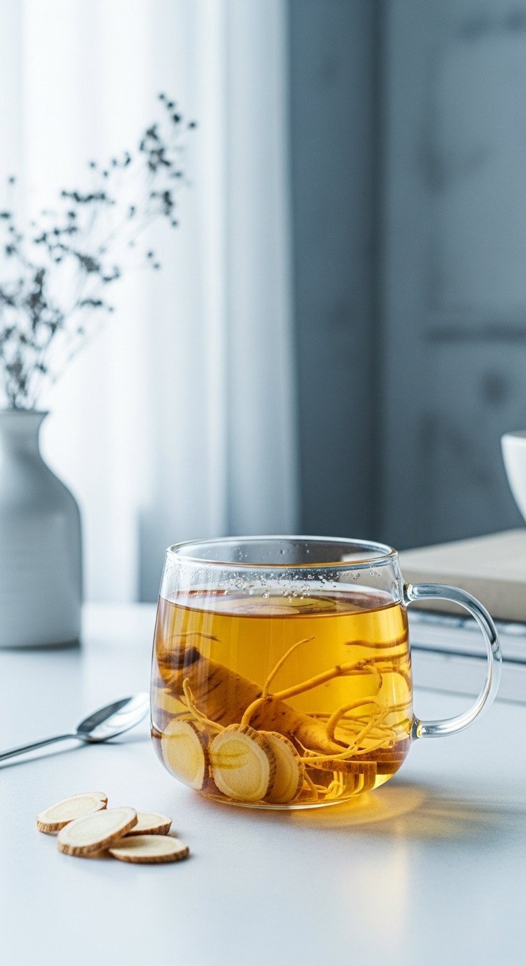 Master Adaptogen Tea The Essential Guide to Blends and Dosage 9 Fine-cut Panax Ginseng root slices and clear, golden-hued tea in a wide glass mug on a white ceramic surface, elegant.
