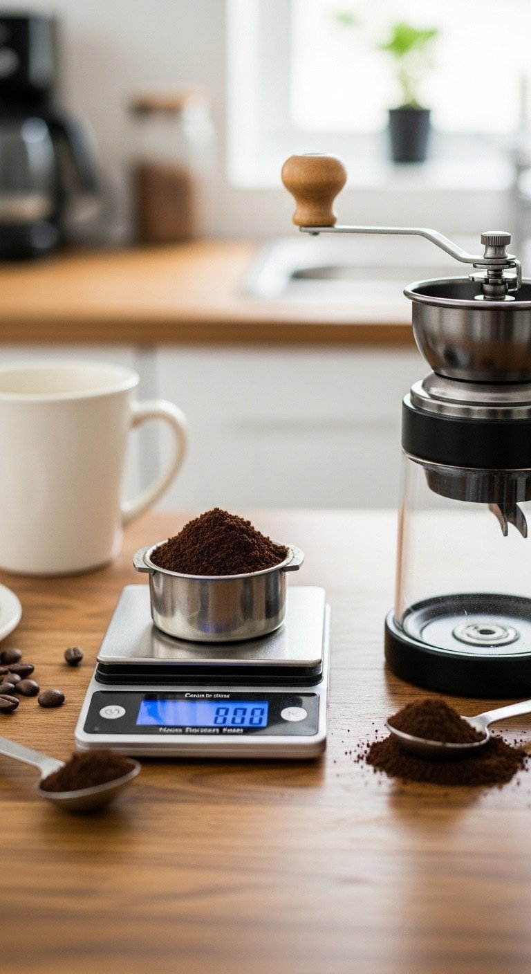 Finely ground dark roast coffee on a digital scale, next to a burr grinder and whole beans on a rustic wooden table. Coffee brewing setup.