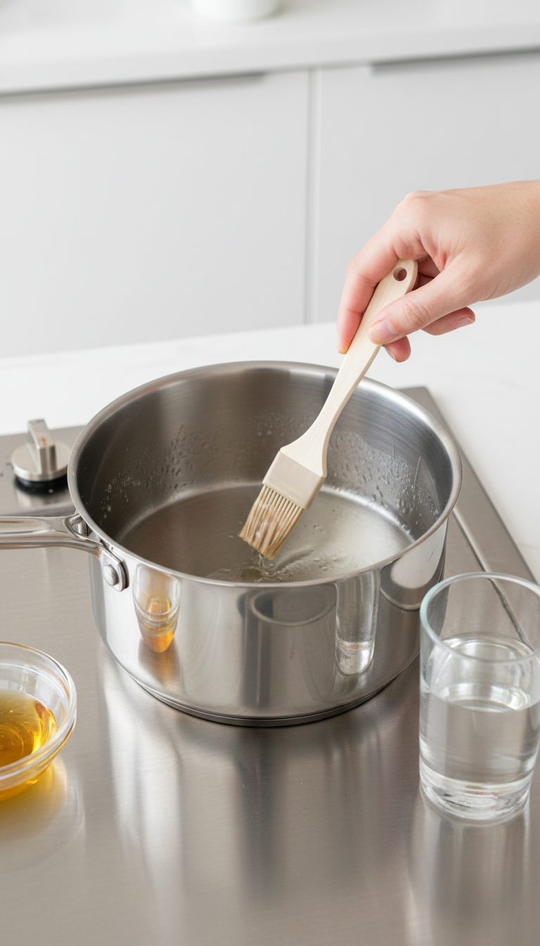 Homemade Sugar Cookie Coffee Syrup: Easy Starbucks Copycat 7 Finger wiping crystallizing simple syrup from a stainless steel saucepan with a wet pastry brush. Troubleshooting sugar syrup.