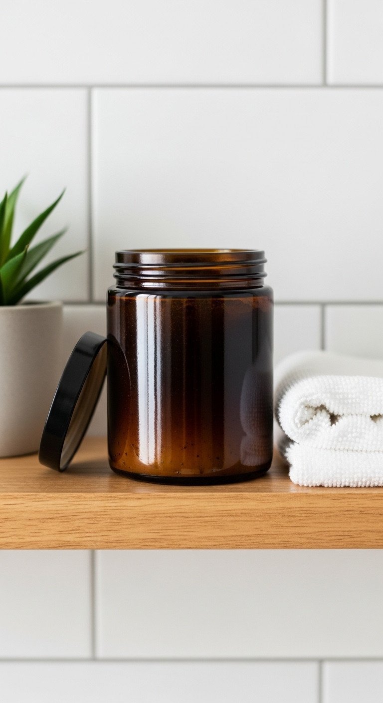 Finished DIY coffee scrub stored in an amber glass jar with a black lid on a minimalist floating bathroom shelf.