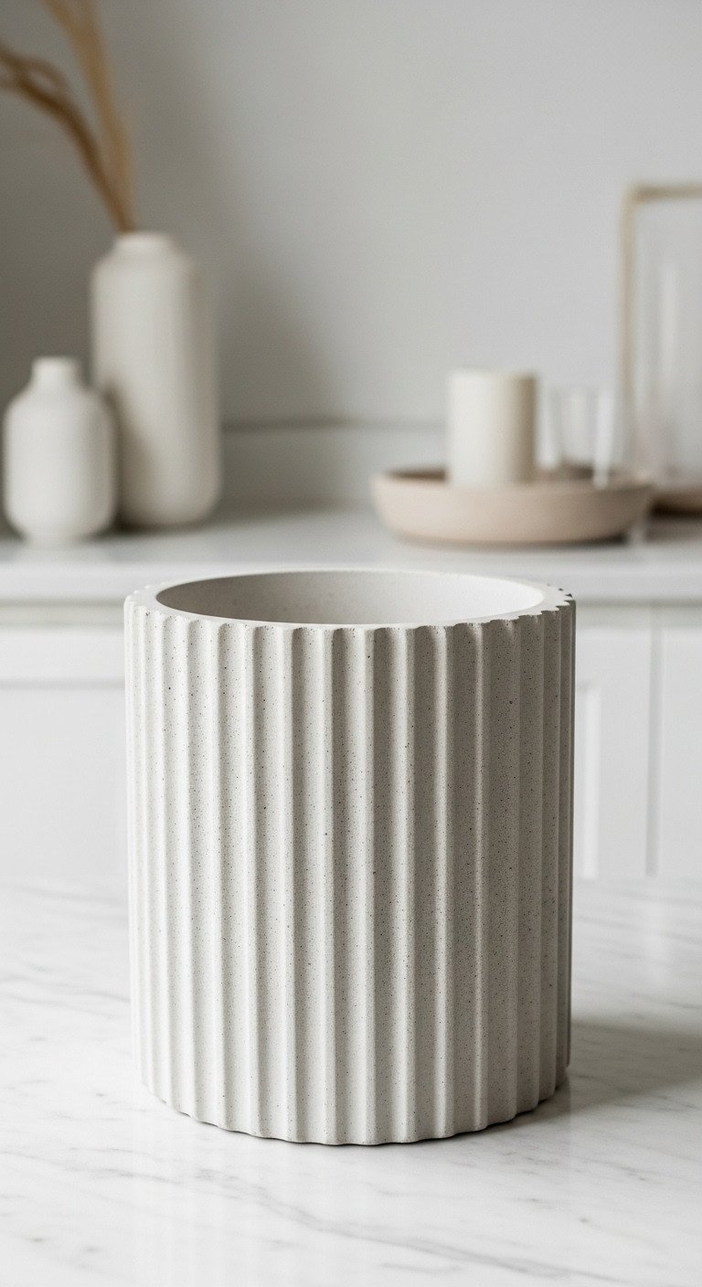 Simple DIY Fluted Coffee Table To Elevate Your Space 13 Finished DIY fluted coffee table with matte concrete finish, subtle texture, a chic centerpiece on a white marble countertop.