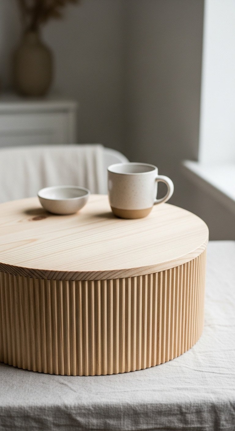 Simple DIY Fluted Coffee Table To Elevate Your Space 9 Finished DIY round fluted coffee table, light blonde Scandinavian stain & matte sealant, showcasing wood grain texture.