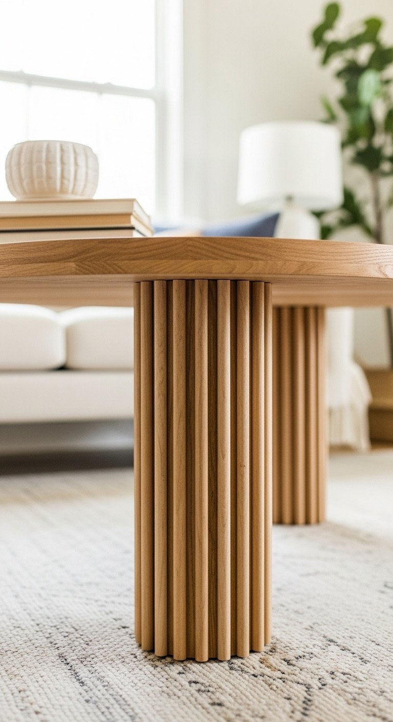 Simple DIY Fluted Coffee Table To Elevate Your Space 1 Finished DIY round fluted coffee table, light oak stain, half dowels, in a cozy living room with books & accessories.